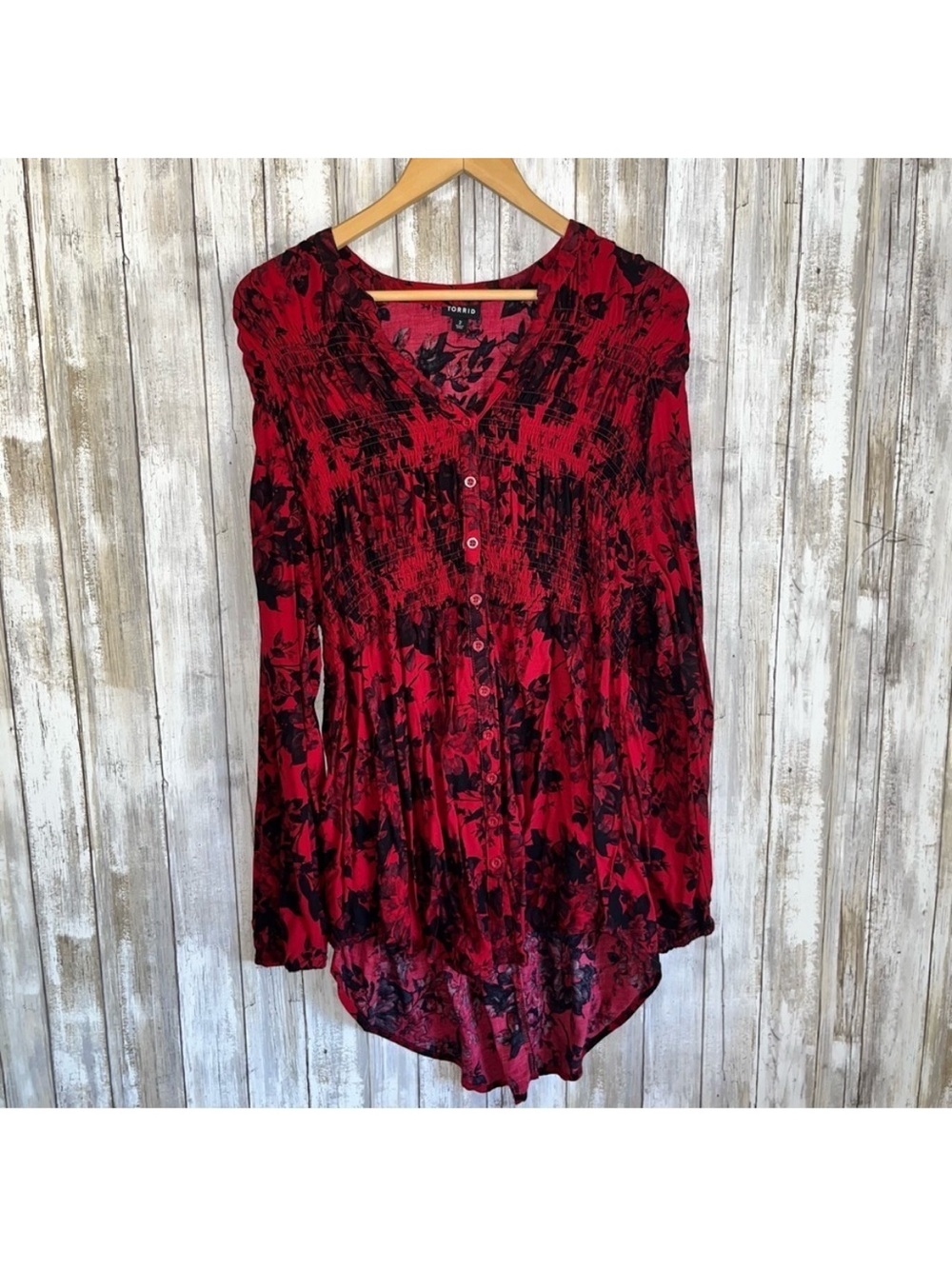 Torrid Smocked Babydoll Tunic 2X Red Black Floral Button Front High Low Top - Picture 2 of 8